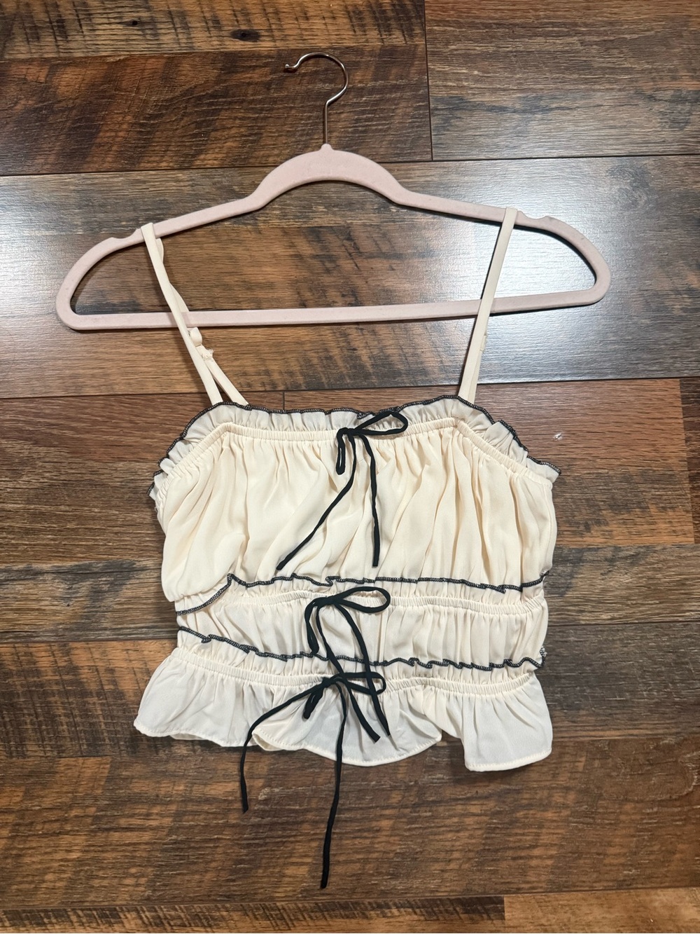 Ruffled Cream Spaghetti-Strap Crop Top with Black Contrast Ties